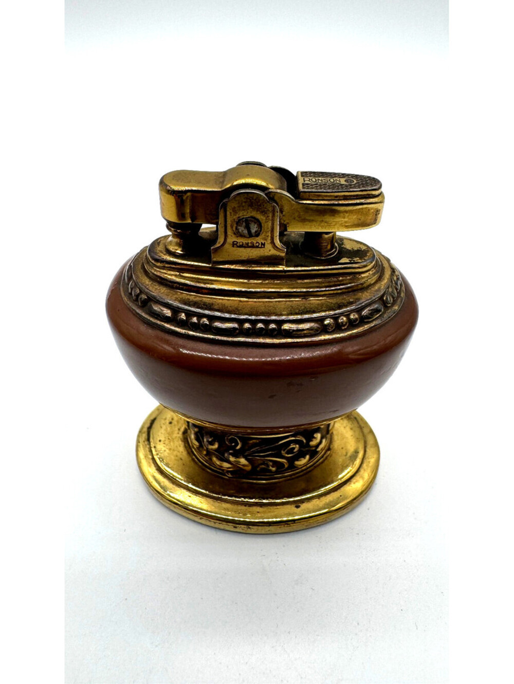 Vintage Ronson Leona Table Lighter Brown Ceramic Gold Tone Newark NJ USA